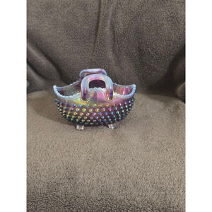 Fenton Iridescent Purple Carnival Glass Hobnail Basket Decor One Size